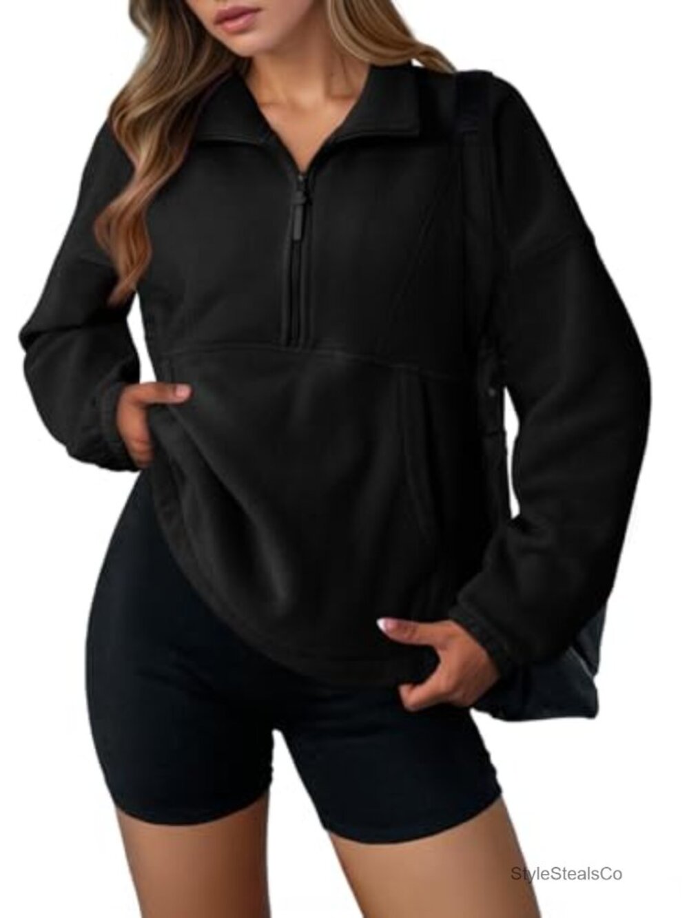 Oversized Half Zip Fleece Hoodie Mock Neck Kangaroo Pocket